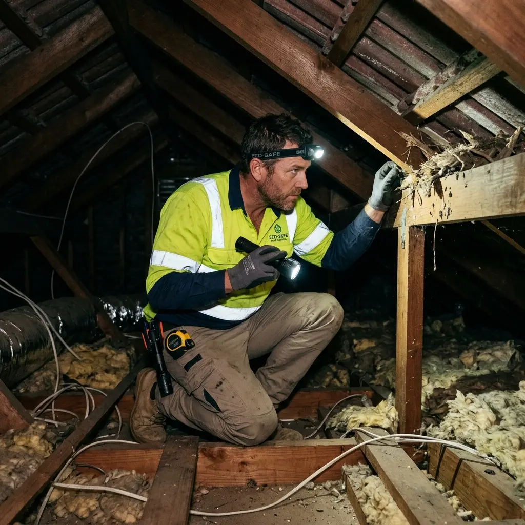 Technician inspecting a Burwood East roof cavity for a dead possum